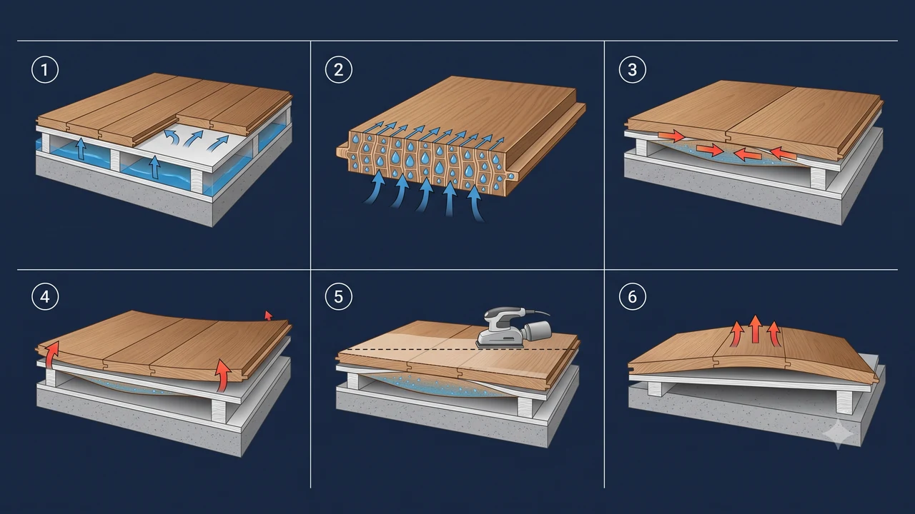 Six-panel cutaway showing how water migrates up through a subfloor into hardwood flooring, is absorbed into the wood, and cups, lifts, and crowns the boards.
