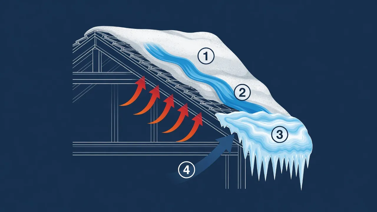 Cutaway of a commercial roof edge showing how snowmelt refreezes at the cold overhang into an ice dam and backs water up under the roofing into the structure.