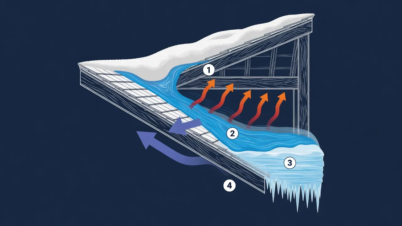 Cutaway of a New England roof edge: attic heat melts the snowpack, meltwater refreezes at the cold eave into an ice dam, and water backs up under the shingles into the home.