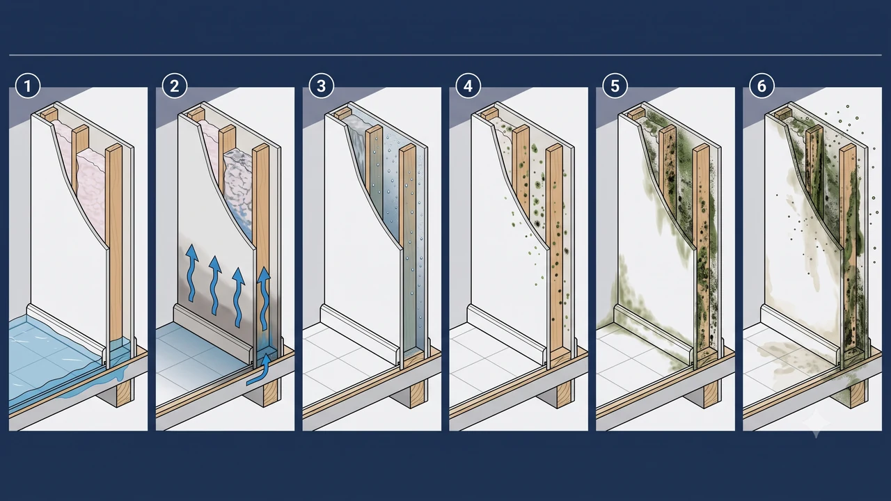 Six-panel wall-cavity cutaway showing untreated standing water wicking up a wall, becoming trapped moisture, then progressing from hidden mold colonization to advanced growth and full contamination.