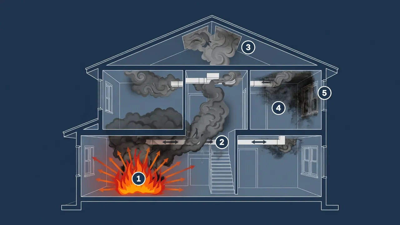 Cutaway diagram of a house showing how pressurized smoke travels from a fire through stairwells, cavities, and ductwork to remote rooms.